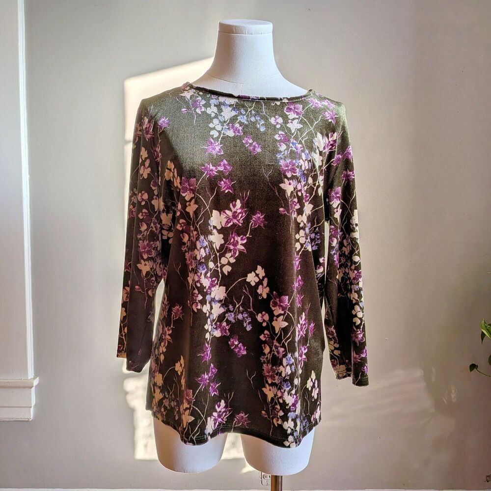 White Stag Green Floral Velvet Top Fairy Cottagecore Size Small